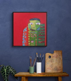 Rotes verspieltes expressionistisches figuratives Acrylgemälde "Blaue Augen 1"