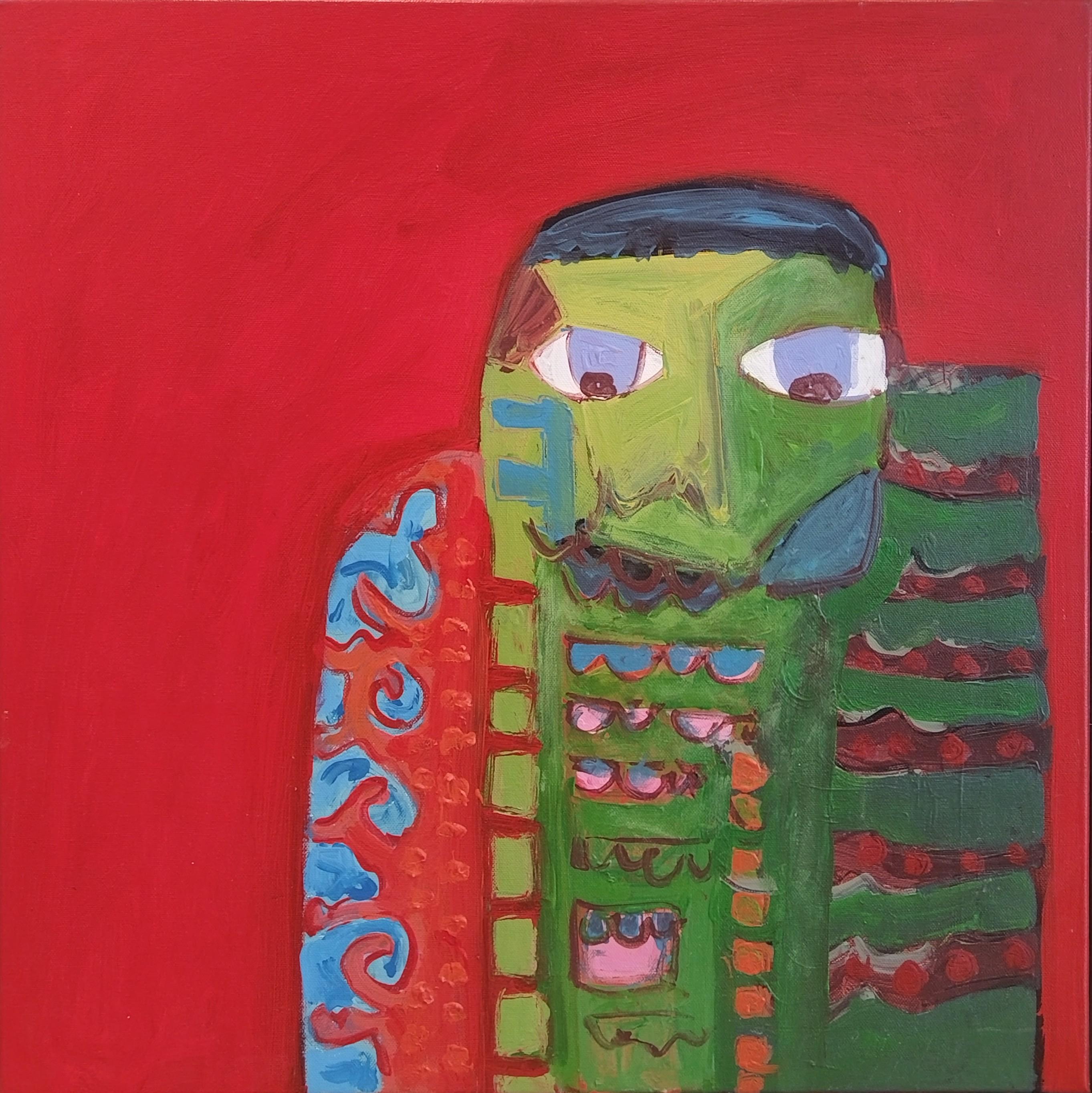 Figurative Painting di Marius Lourens - Pittura acrilica figurativa espressionista rossa "Occhi azzurri 1"
