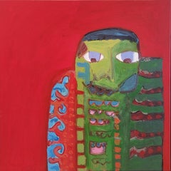 Pintura acrílica figurativa expresionista lúdica roja "Ojos azules 1"