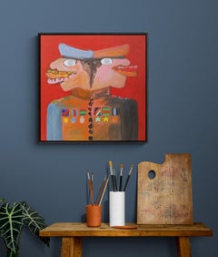Rotes verspieltes expressionistisches figuratives Acrylgemälde "Double Trouble"