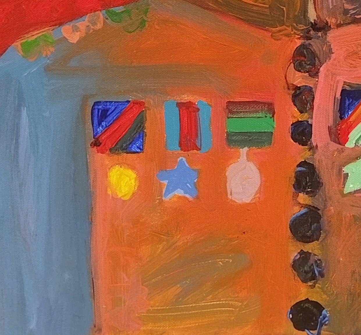 Una pintura acrílica divertida, extravagante y juguetona sobre lienzo estirado. Enmarcado con un marco de sombra gris, listo para colgar. Hay otros tres cuadros del mismo tamaño, por lo que la obra puede presentarse bien como parte de un conjunto de