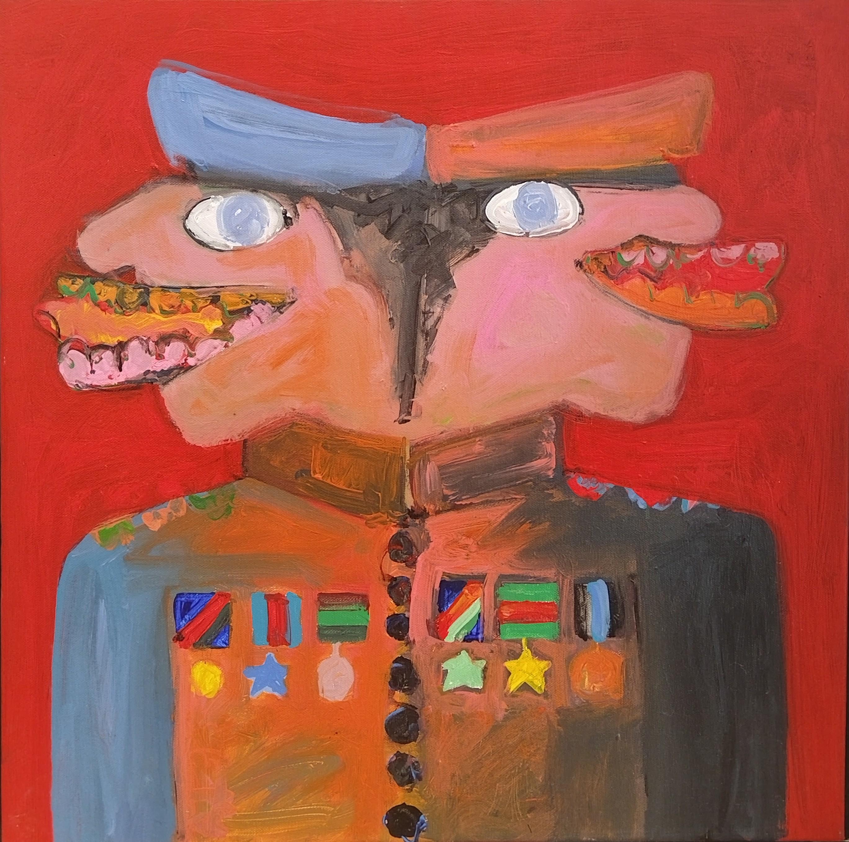 Figurative Painting de Marius Lourens - Pintura acrílica figurativa expresionista lúdica roja "Doble problema"