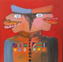 Pintura acrílica figurativa expresionista lúdica roja "Doble problema"