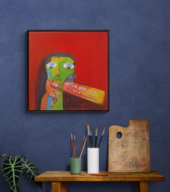 Rotes verspieltes expressionistisches figuratives Acrylgemälde auf Leinwand "Blaue Augen 2"