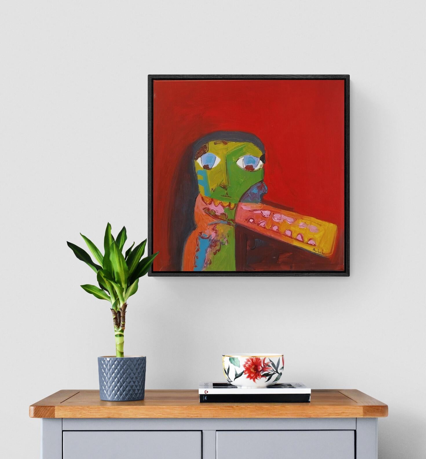 Pittura acrilica figurativa espressionista rossa su tela 