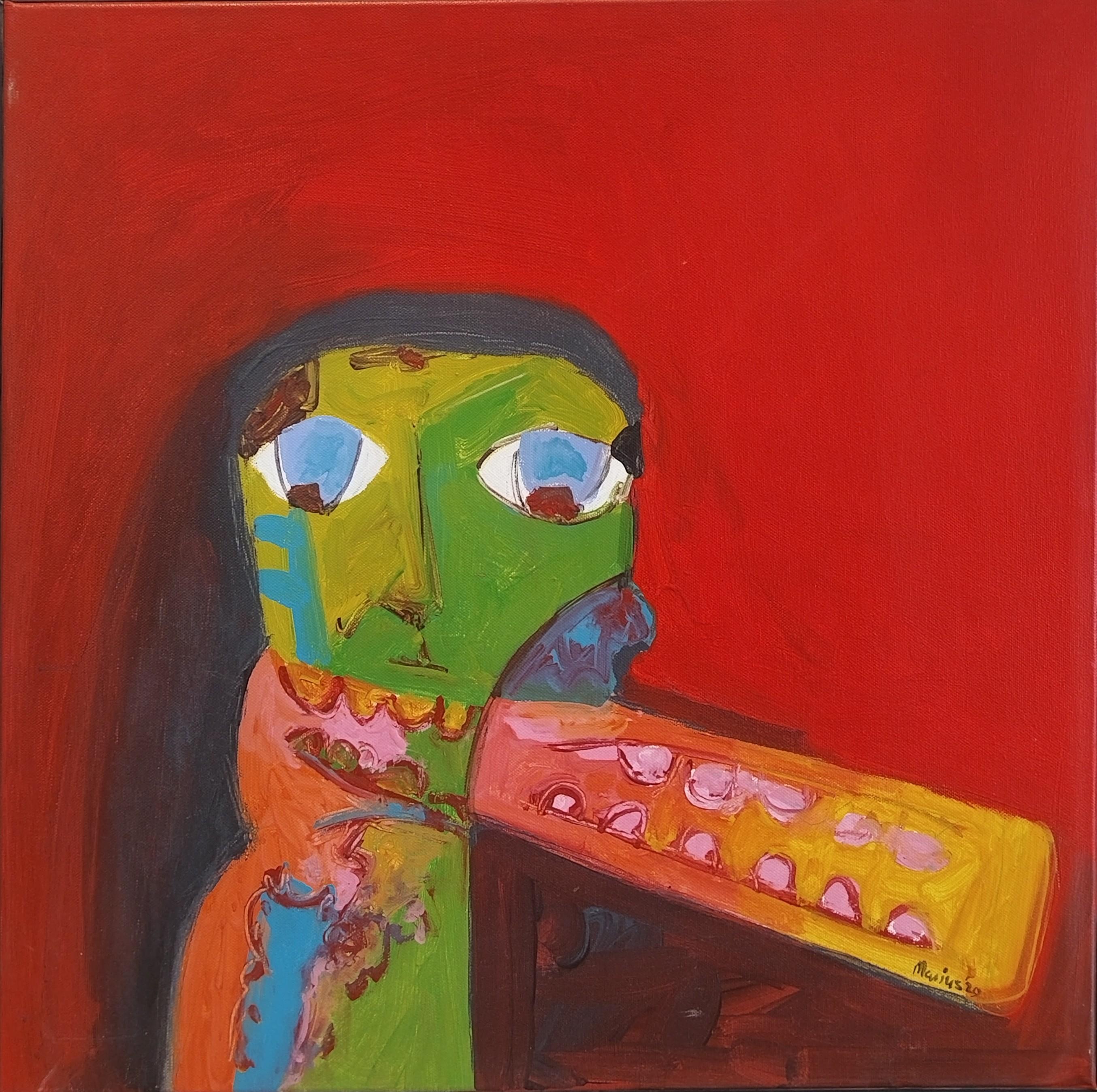 Abstract Painting di Marius Lourens - Pittura acrilica figurativa espressionista rossa su tela "Occhi blu 2".