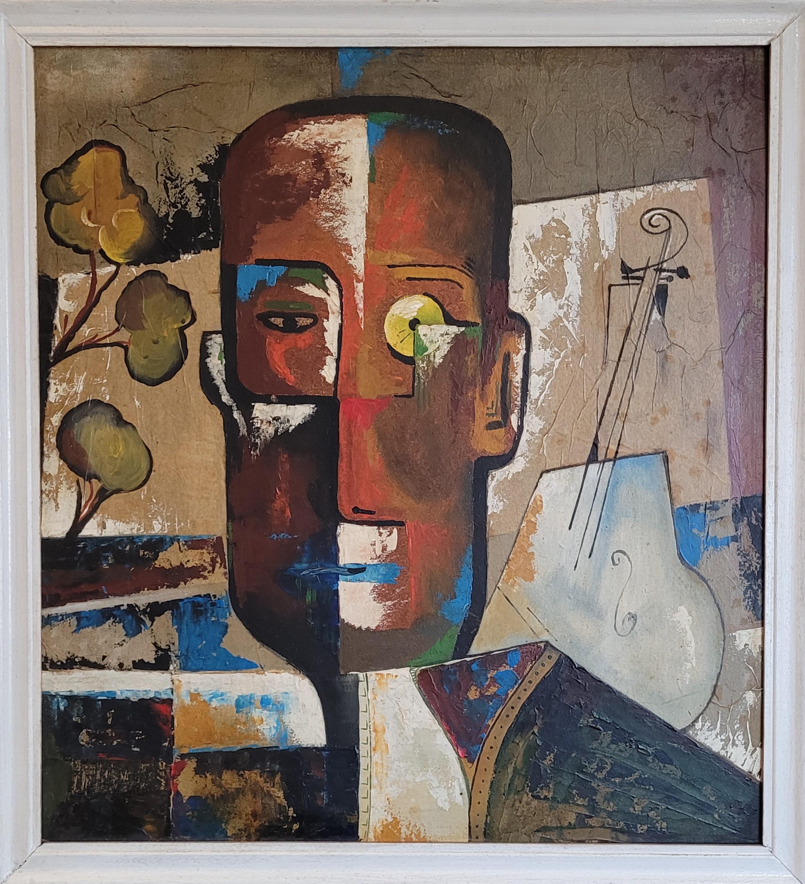 Cubist-Inspired Portrait, Oil on Board, Framed, Late 20th Century