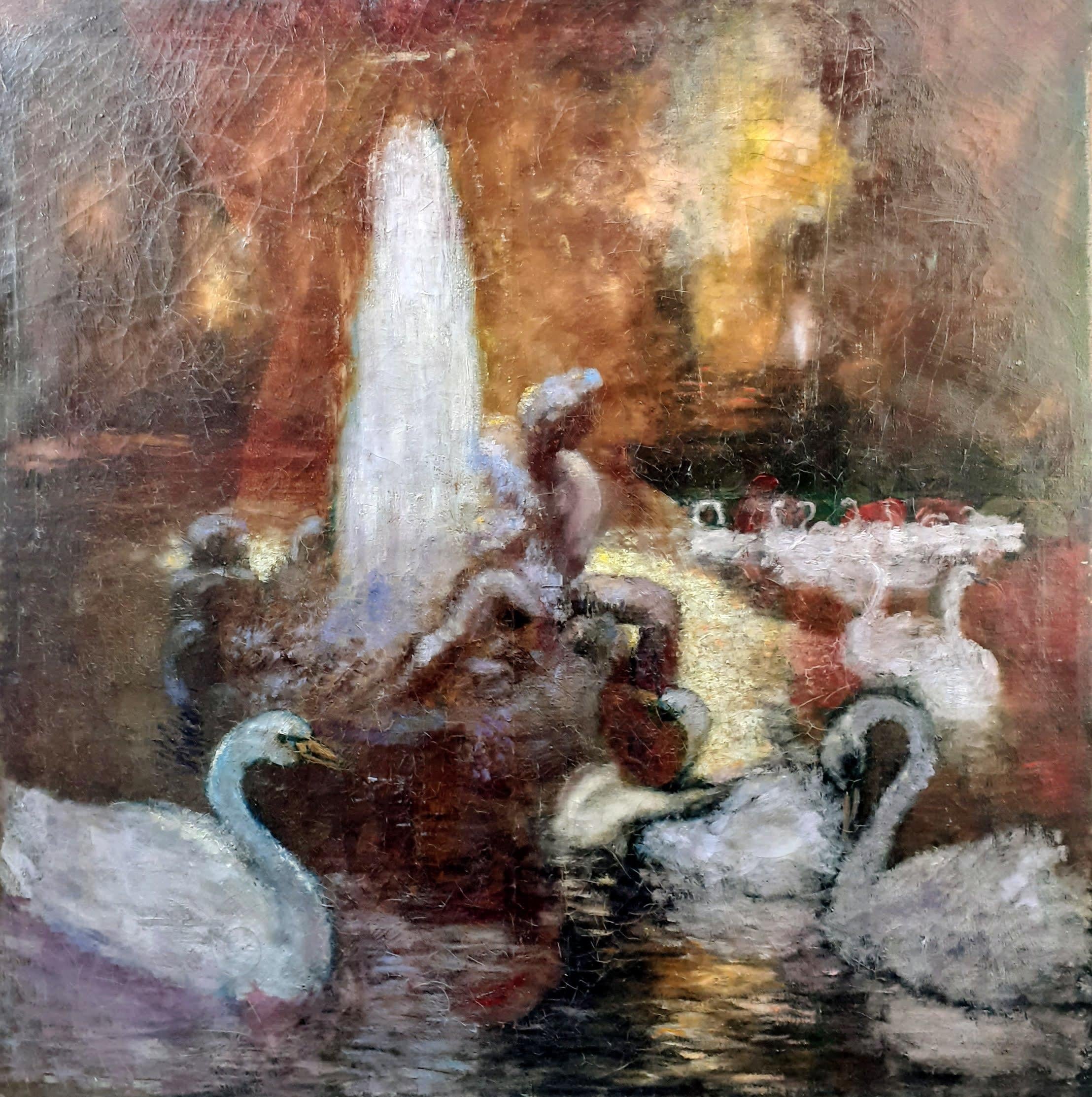 Swan Lake: large art deco period French post impressionist landscape painting - Painting by Marius Petit