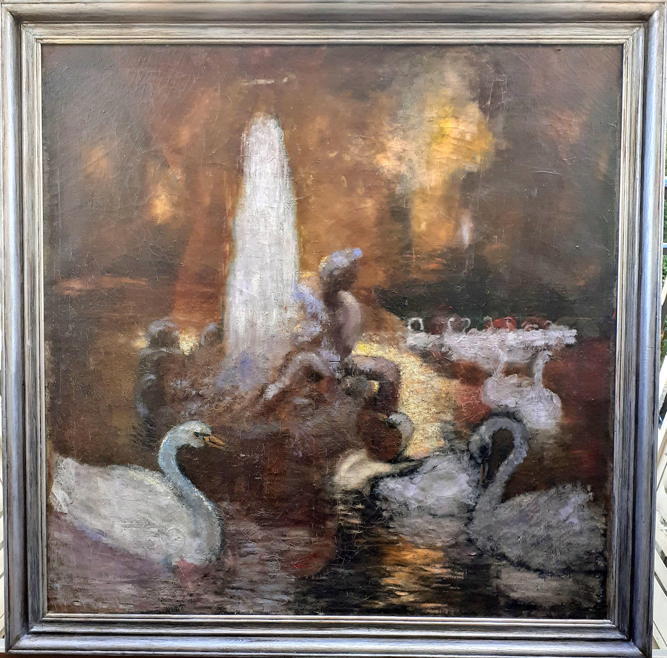 Il lago dei cigni: grande dipinto di paesaggio post impressionista francese di epoca art déco