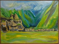 Grande dipinto a olio astratto modernista venezuelano Machu Picchu Marius Sznajderman