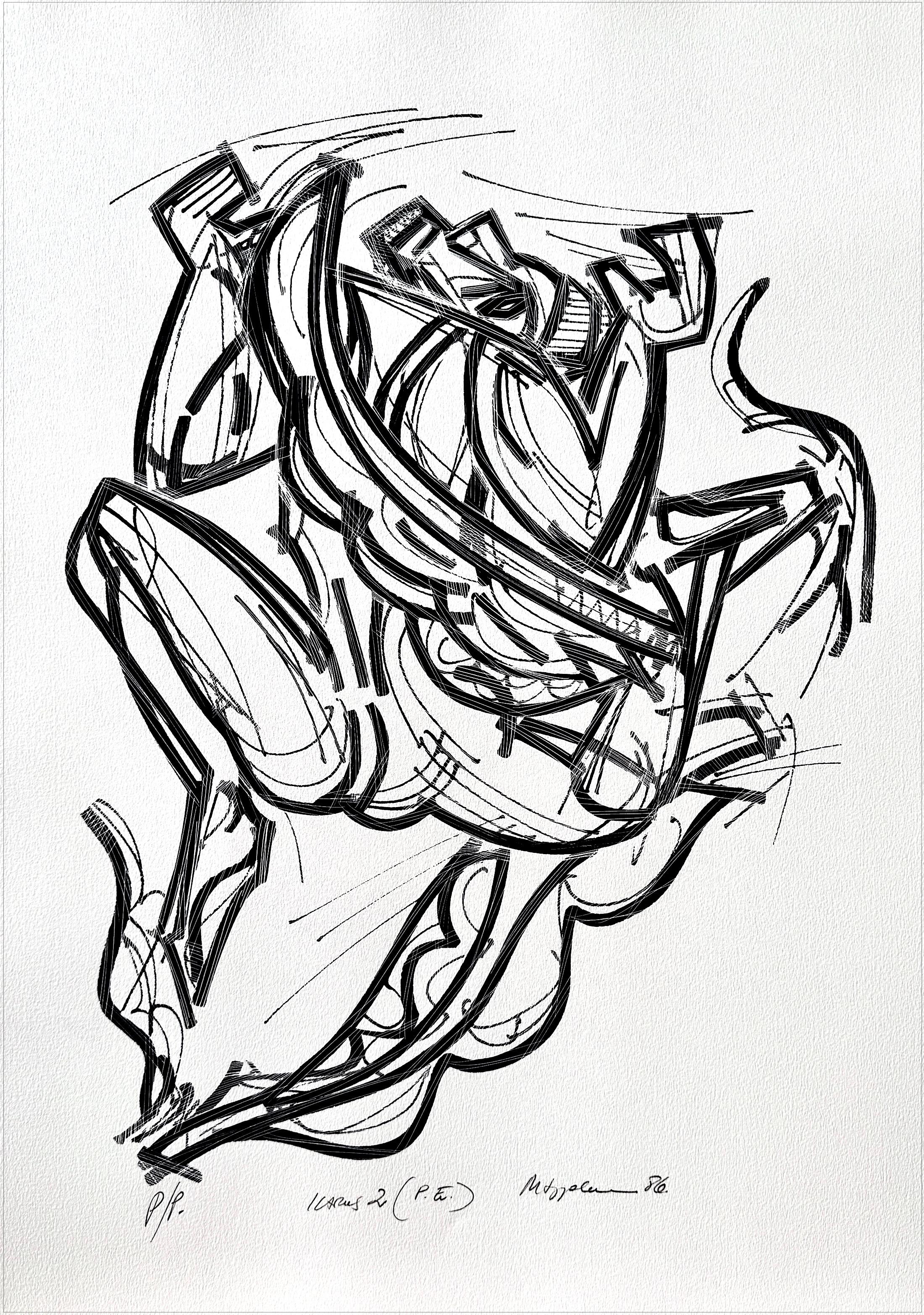 ICARUS 2, Litografía Firmada, Blanco y Negro Figura Masculina Abstracta Mitología Griega