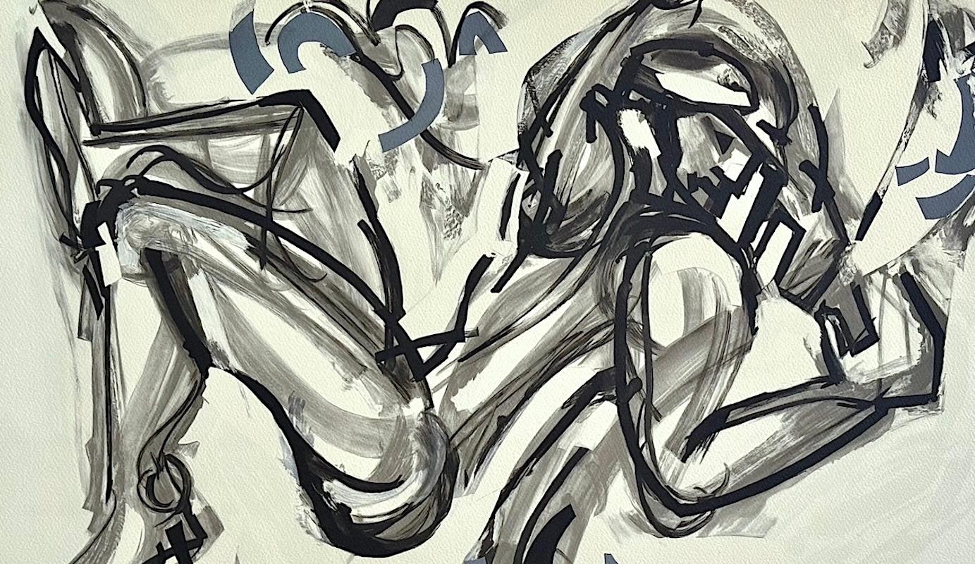 ICARUS I Litografía Firmada, Figura Masculina Abstracta, Mitología Griega, Negro, Gris - Print de Marius Sznajderman