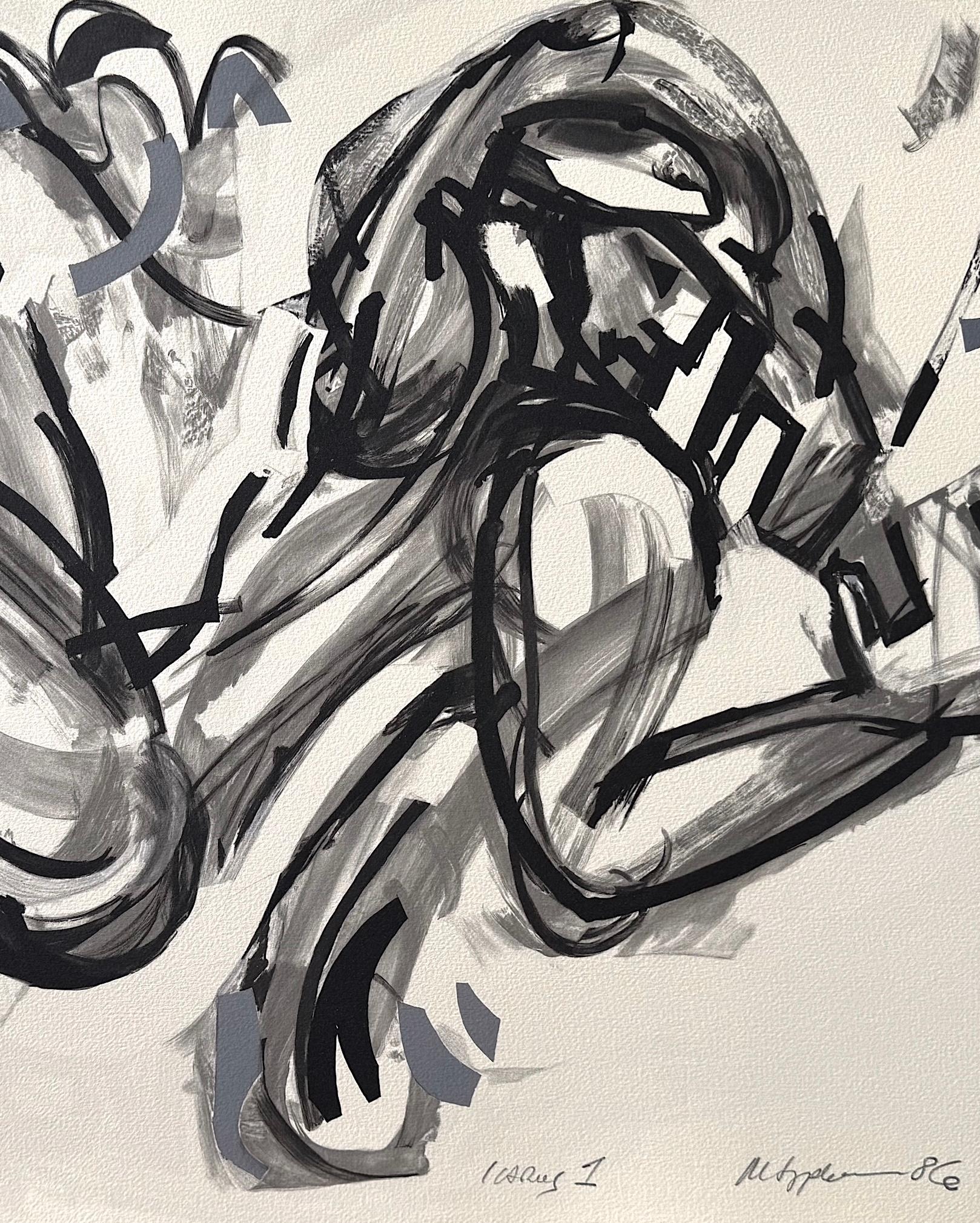 ICARUS I is an original hand-drawn lithograph created in 1986 by the French American artist Marius Sznajderman, printed in neutral warm grays and intense black on archival Arches paper 100% acid free. ICARUS I is an expressionistic abstract male