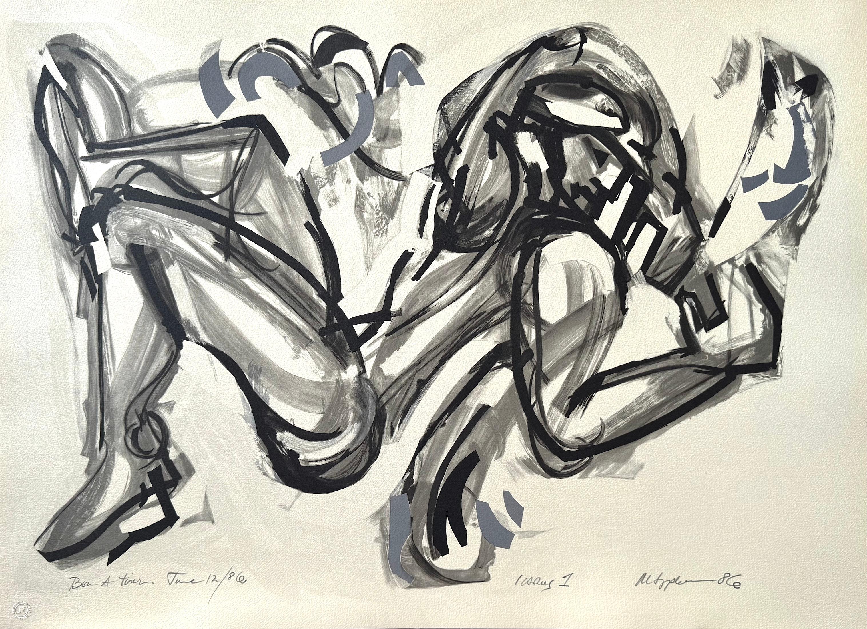 ICARUS I Signed Lithograph, Abstract Male Figure, Greek Mythology, Black, Grey