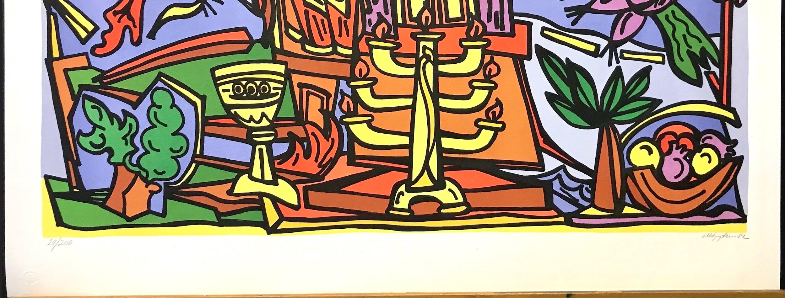 JEWISH SYMBOLS è una litografia originale disegnata a mano e in edizione limitata di Marius Sznajderman (nato a Parigi, Francia 1926-2018) stampata a colori su carta da stampa d'archivio bianca, 100% priva di acidi, utilizzando i metodi tradizionali