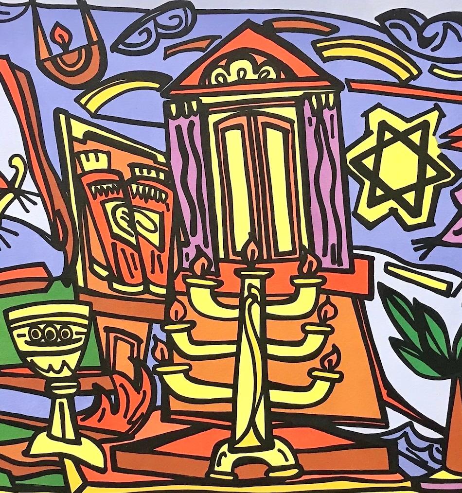 Simboli ebraici, litografia firmata, arte ebraica moderna, Menorah, stella, galli - Print Contemporaneo di Marius Sznajderman
