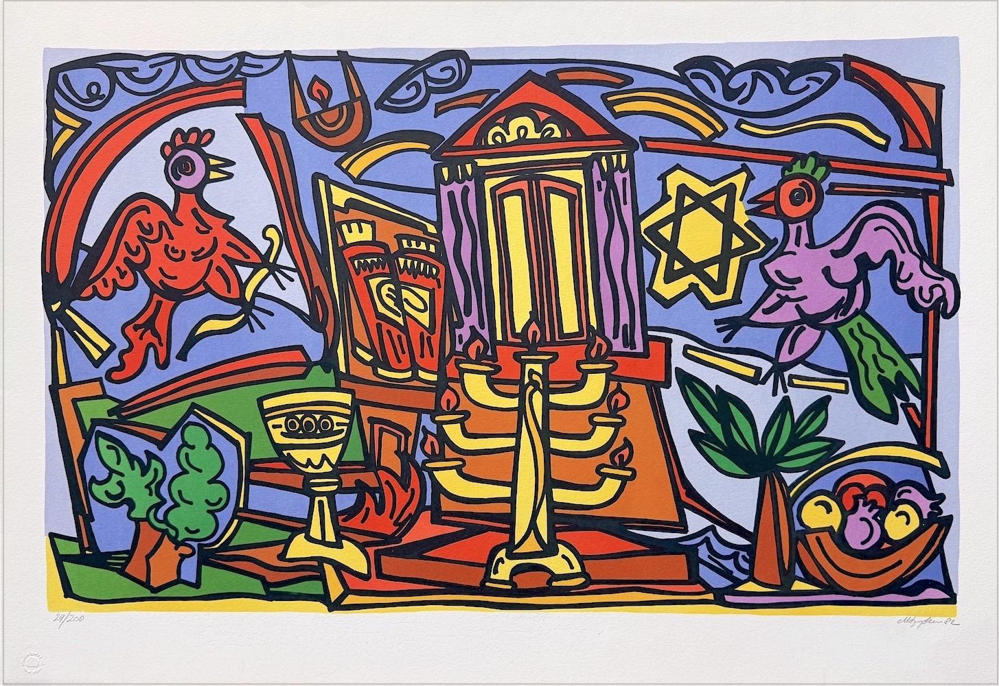 Still-Life Print di Marius Sznajderman - Simboli ebraici, litografia firmata, arte ebraica moderna, Menorah, stella, galli