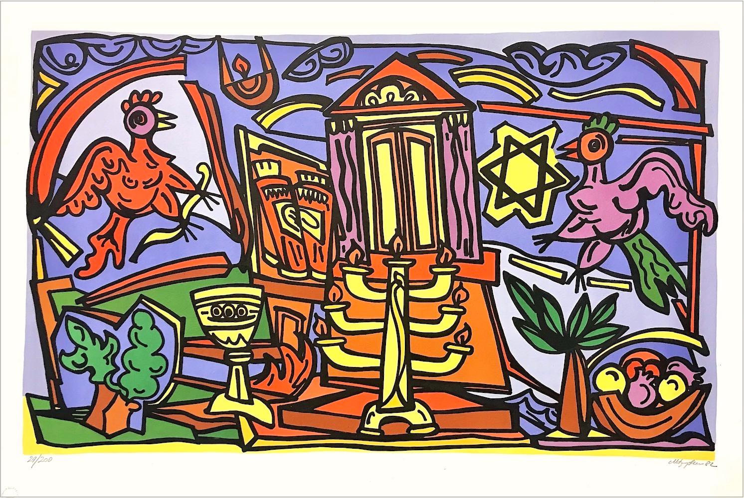 Lithographie signée Jewish Art Modern Jewish Art, Menorah, Star, Roosters