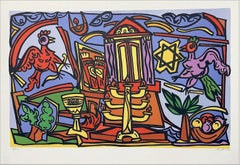 JEWISH SYMBOLS Signed Lithograph, Modern Jewish Art, Menorah, Star, Roosters