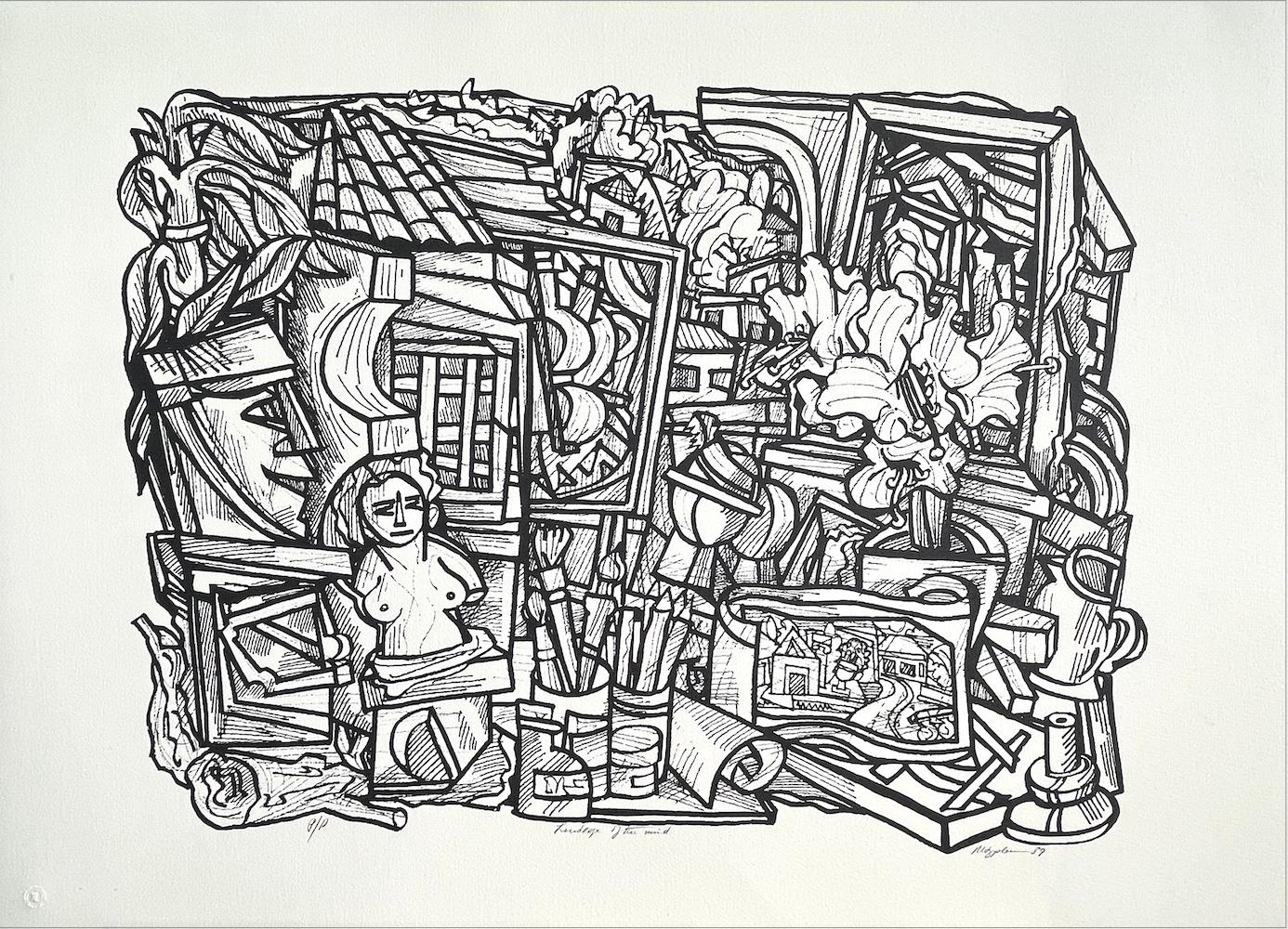 LANDSCAPE OF THE MIND Signed Lithograph, Memorabilia, Black and White Abstract - Print by Marius Sznajderman