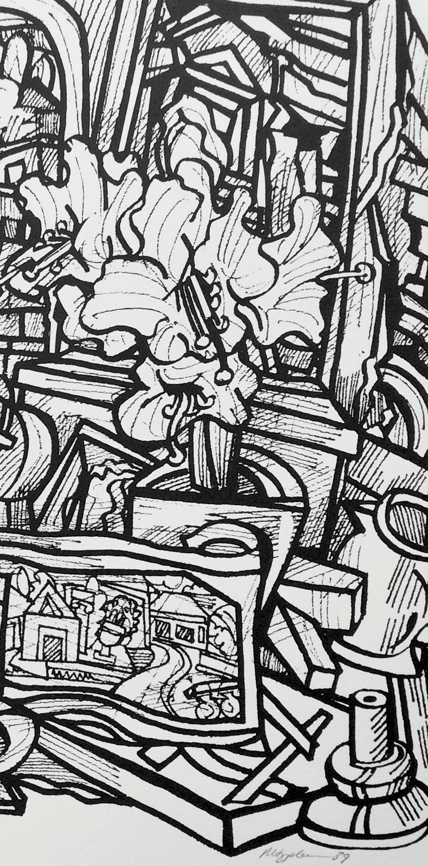 LANDSCAPE OF THE MIND Signed Lithograph, Memorabilia, Black and White Abstract - Contemporary Print by Marius Sznajderman