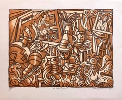 Gran litografía modernista venezolana «El balcón n.º 3», impresión en color