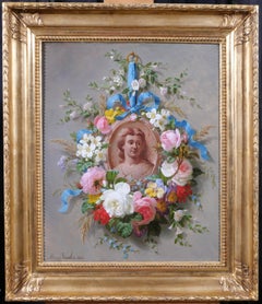 Still life of summer flowers with portrait of a woman