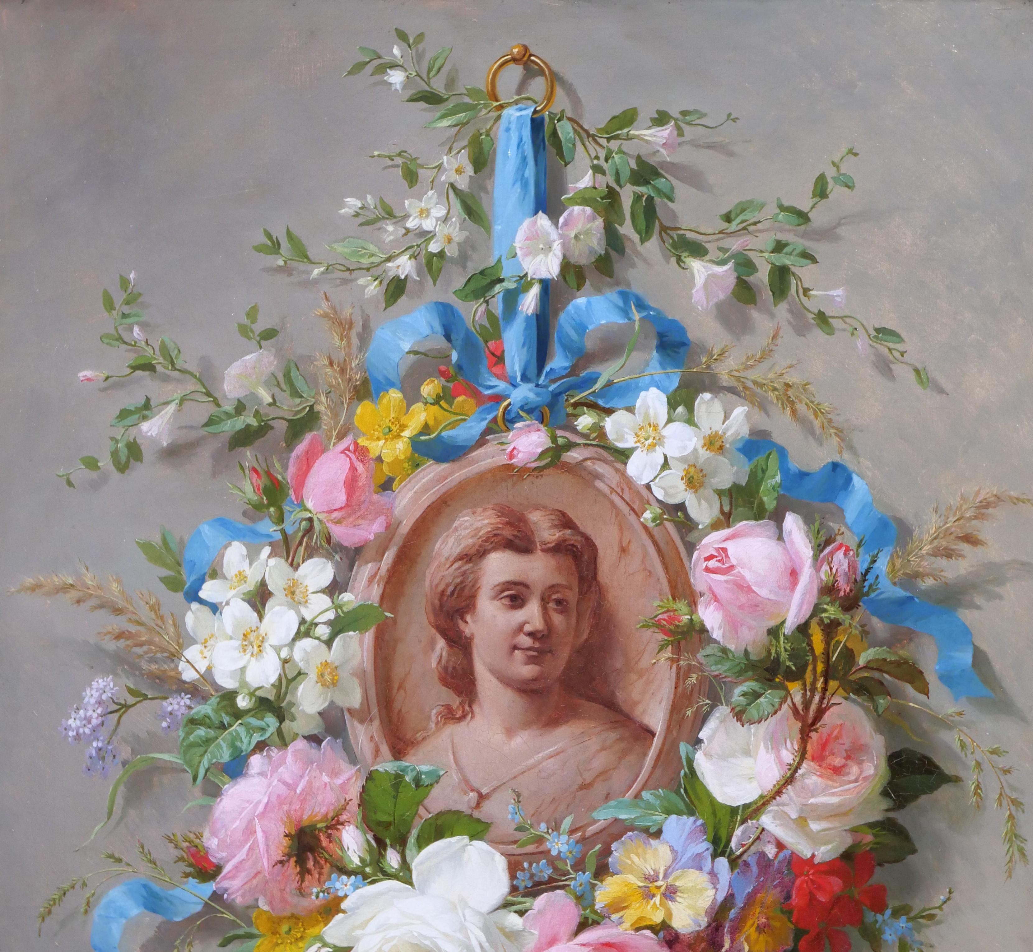 Still life of summer flowers with portrait of a woman - Academic Painting by Marius Vasselon 
