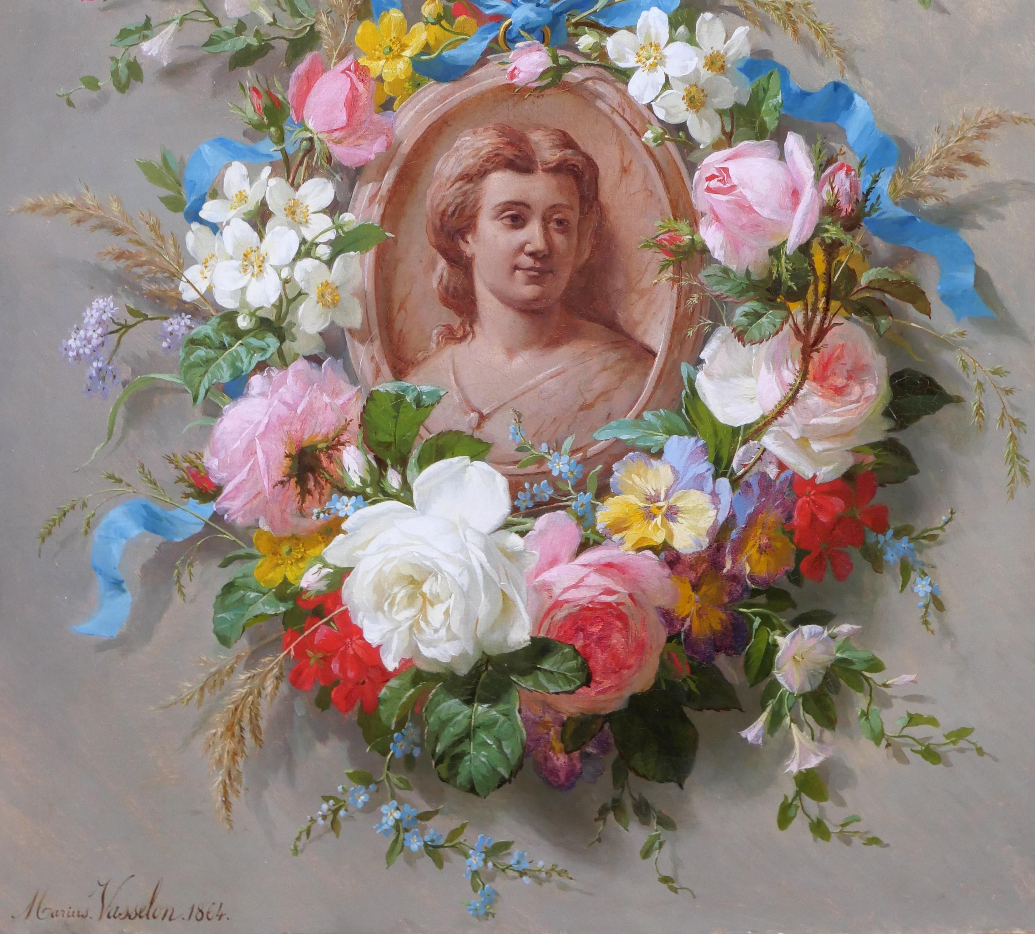 Marius VASSELON
Saint-Etienne, 1841 - Paris, 1924
Still life of summer flowers with portrait of a woman
Painting, oil on canvas
Signed and dated 1864 lower left
Painting: 50 x 60 cm (19.7 x 23.6 inches)
Beautiful original frame: 67 x 78 cm (26.4 x