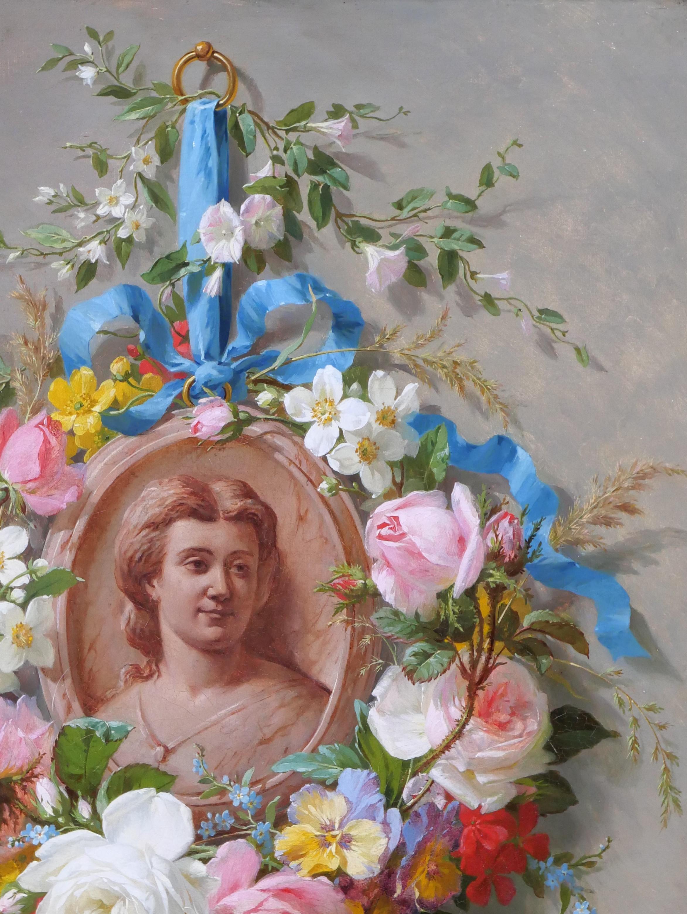 Still life of summer flowers with portrait of a woman For Sale 2