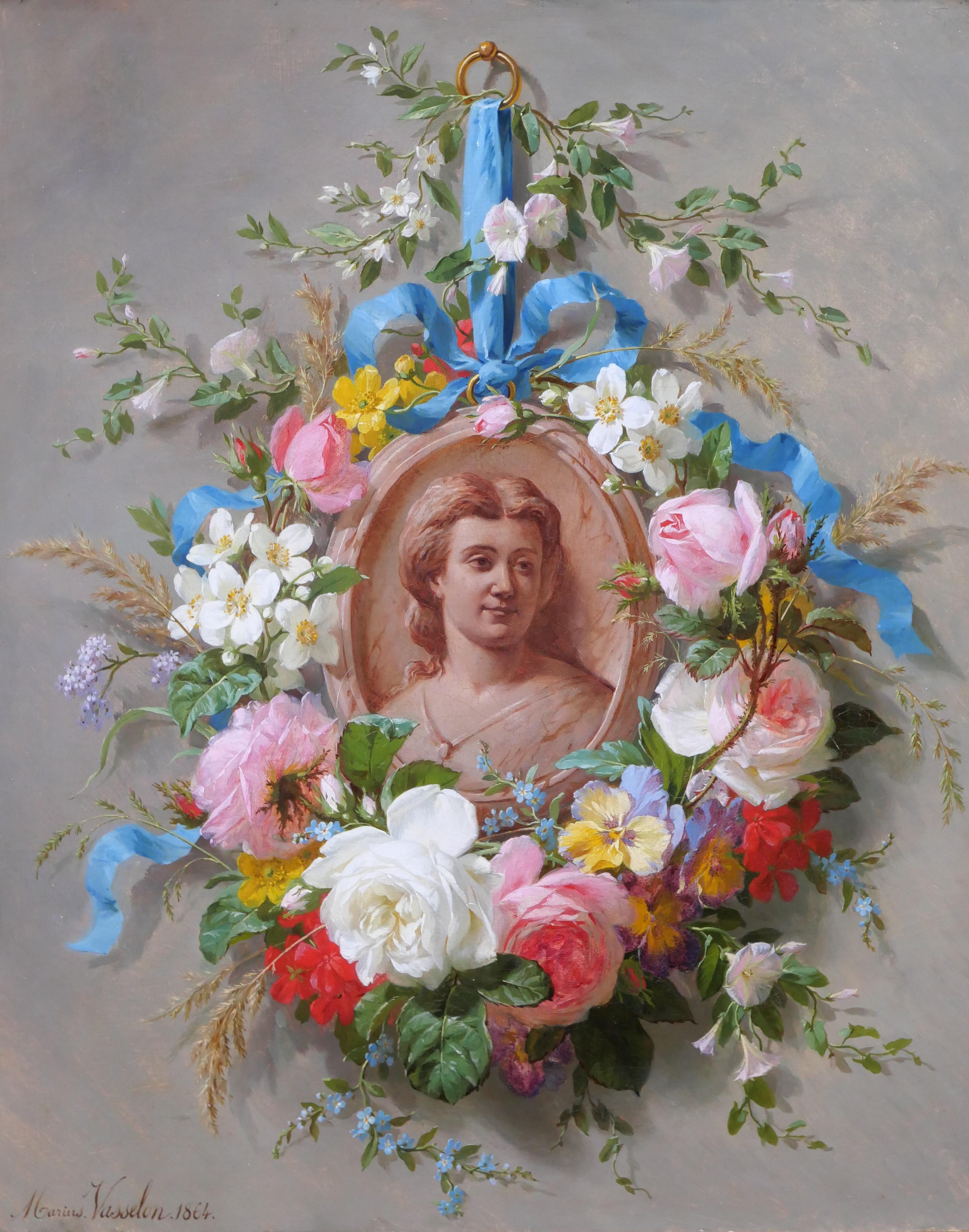 Marius Vasselon  Still-Life Painting - Still life of summer flowers with portrait of a woman