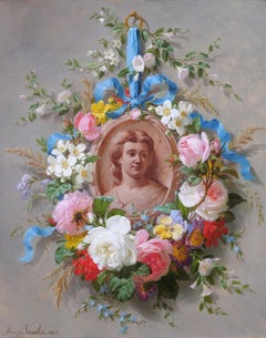 Antique Still life of summer flowers with portrait of a woman