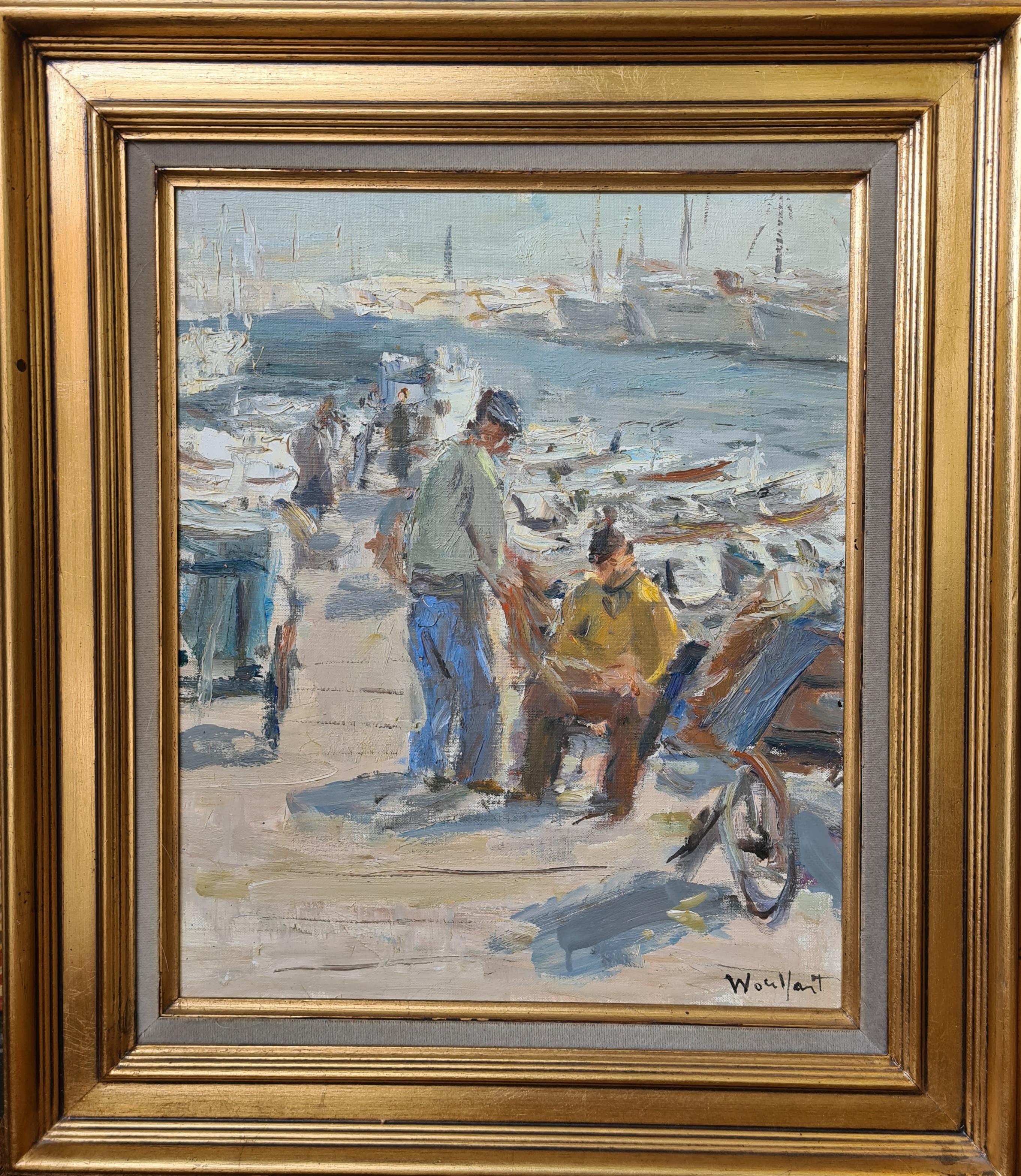 Fishermen in the Port of Cannes, mid 20th Century Oil on Canvas. - Painting by Marius Woulfart