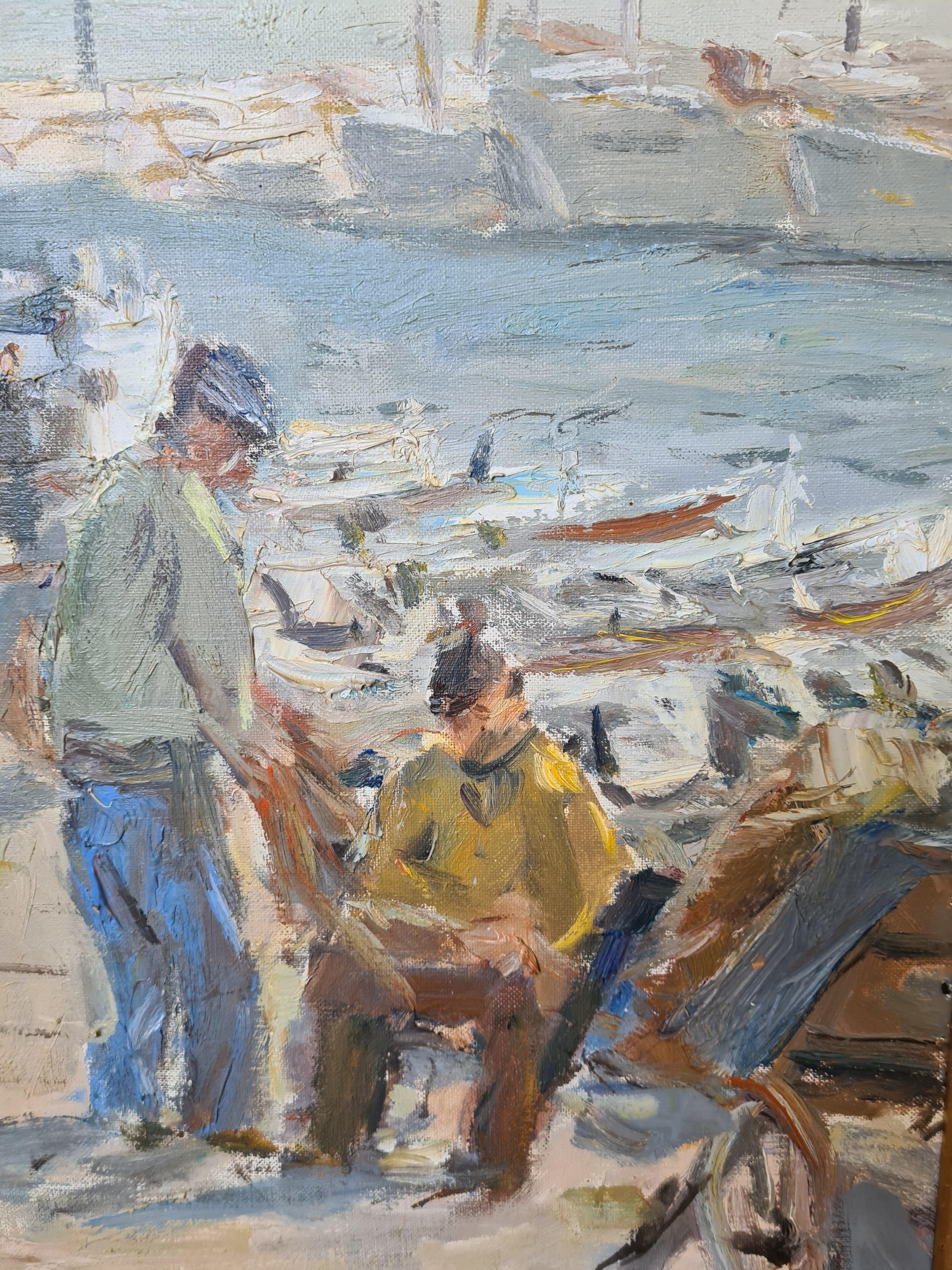 Fishermen in the Port of Cannes, mid 20th Century Oil on Canvas. 1