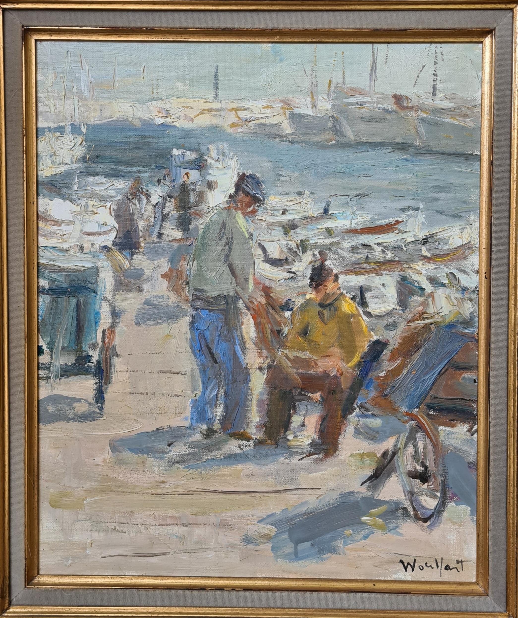 Marius Woulfart Landscape Painting - Fishermen in the Port of Cannes, mid 20th Century Oil on Canvas.