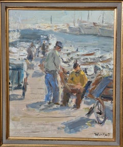 Fishermen in the Port of Cannes, mid 20th Century Oil on Canvas.