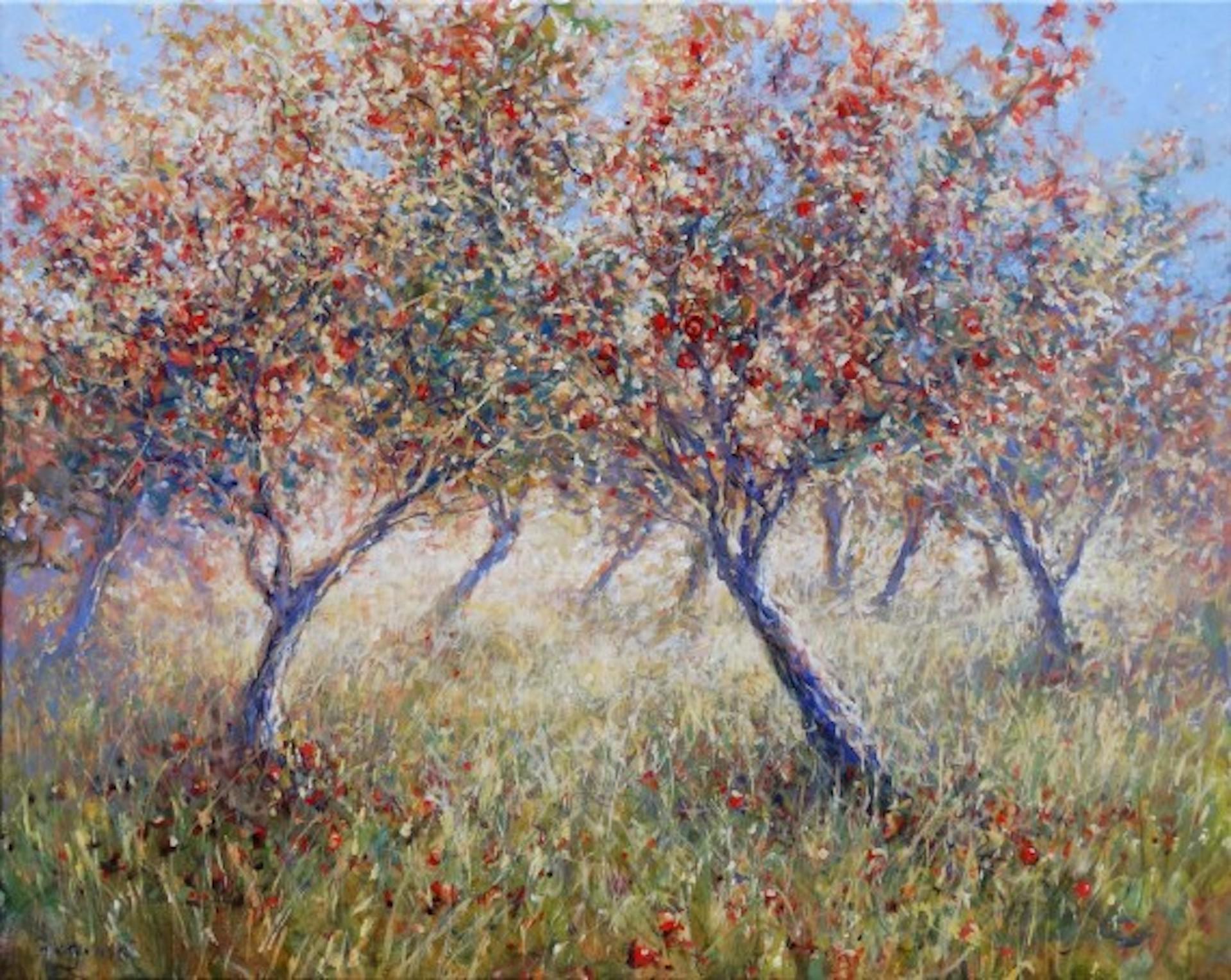 An Orchard is an original painting by Mariusz Kaldowski. 

The artist's favourite subject of fruit trees in bloom in his signature impressionistic style. Painted round the sides, as shown, ready to hang.

ADDITIONAL INFORMATION:

Impressionist