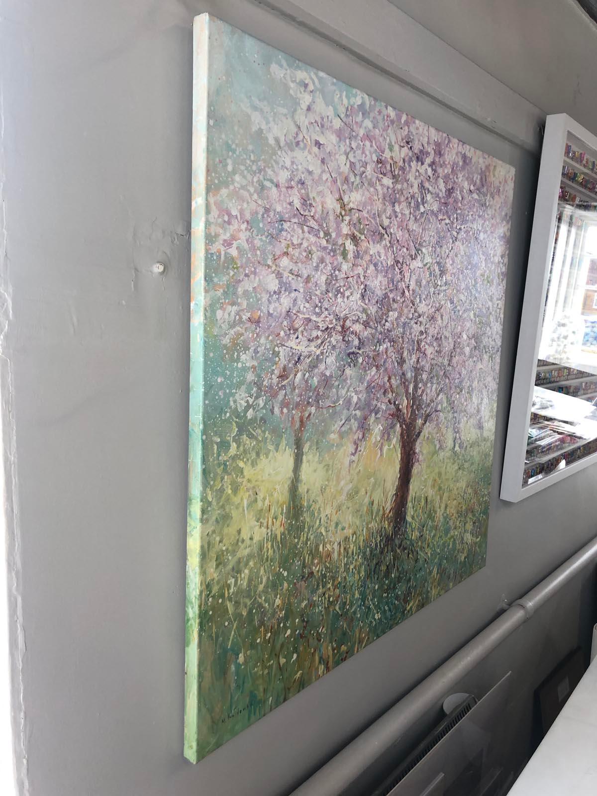 Cherry Blossom Tree, Landscape Painting, Contemporary art, impressionist style - Gray Still-Life Painting by Mariusz Kaldowski