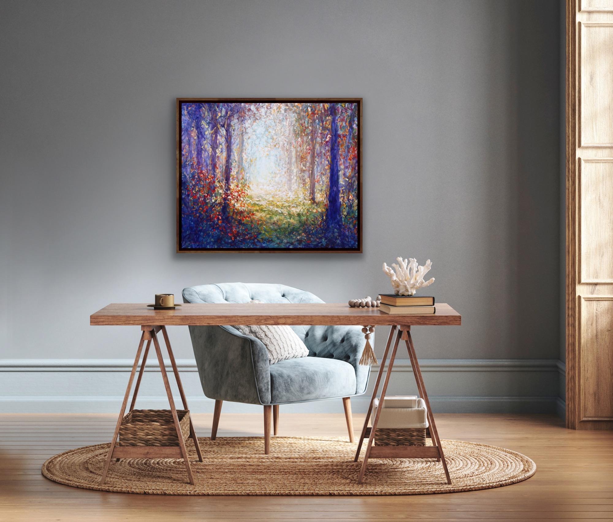 Passeggiata nel bosco, Pittura originale di paesaggio a prezzi accessibili, foresta, arancione, verde 3