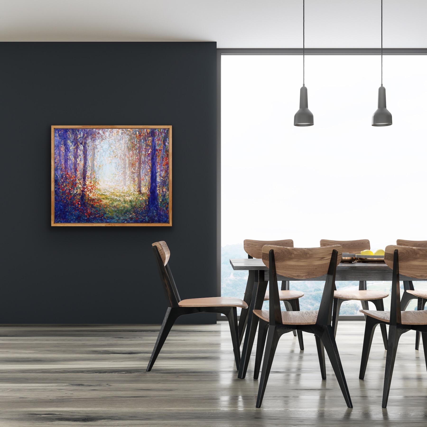 Passeggiata nel bosco, Pittura originale di paesaggio a prezzi accessibili, foresta, arancione, verde 11