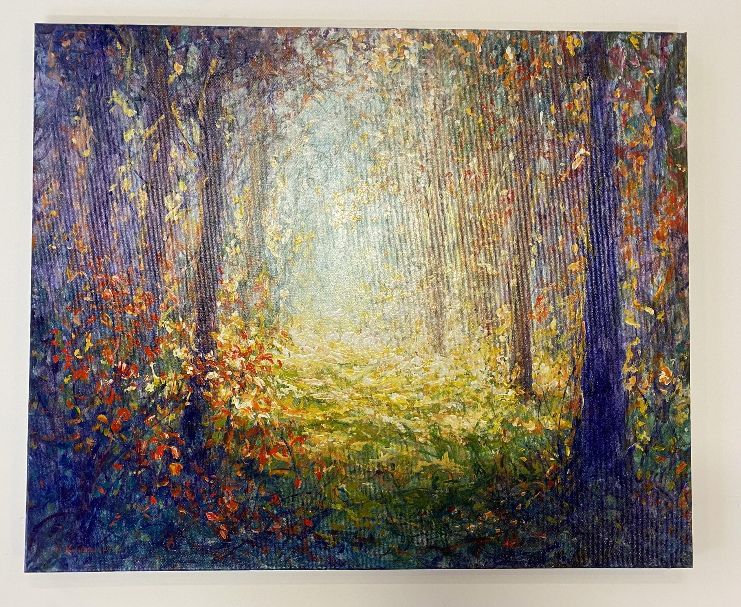 Passeggiata nel bosco, Pittura originale di paesaggio a prezzi accessibili, foresta, arancione, verde - Abstract Painting Grigio di Mariusz Kaldowski