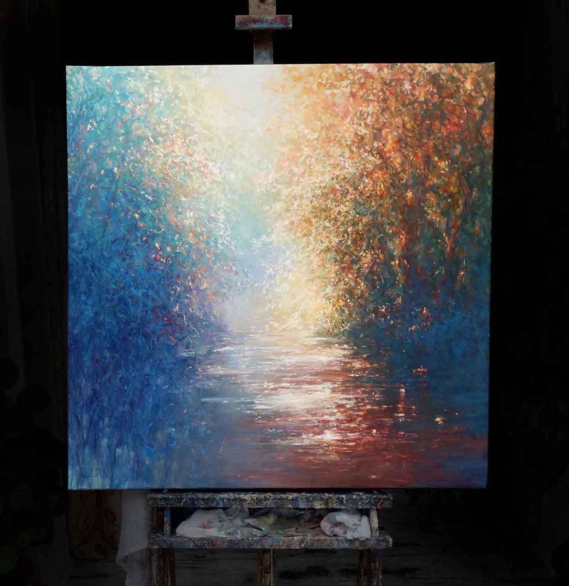 Río secreto, Pintura impresionista de paisaje asequible, Pintura de primavera - Abstract Painting Negro de Mariusz Kaldowski