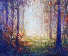 Passeggiata nel bosco, Pittura originale di paesaggio a prezzi accessibili, foresta, arancione, verde
