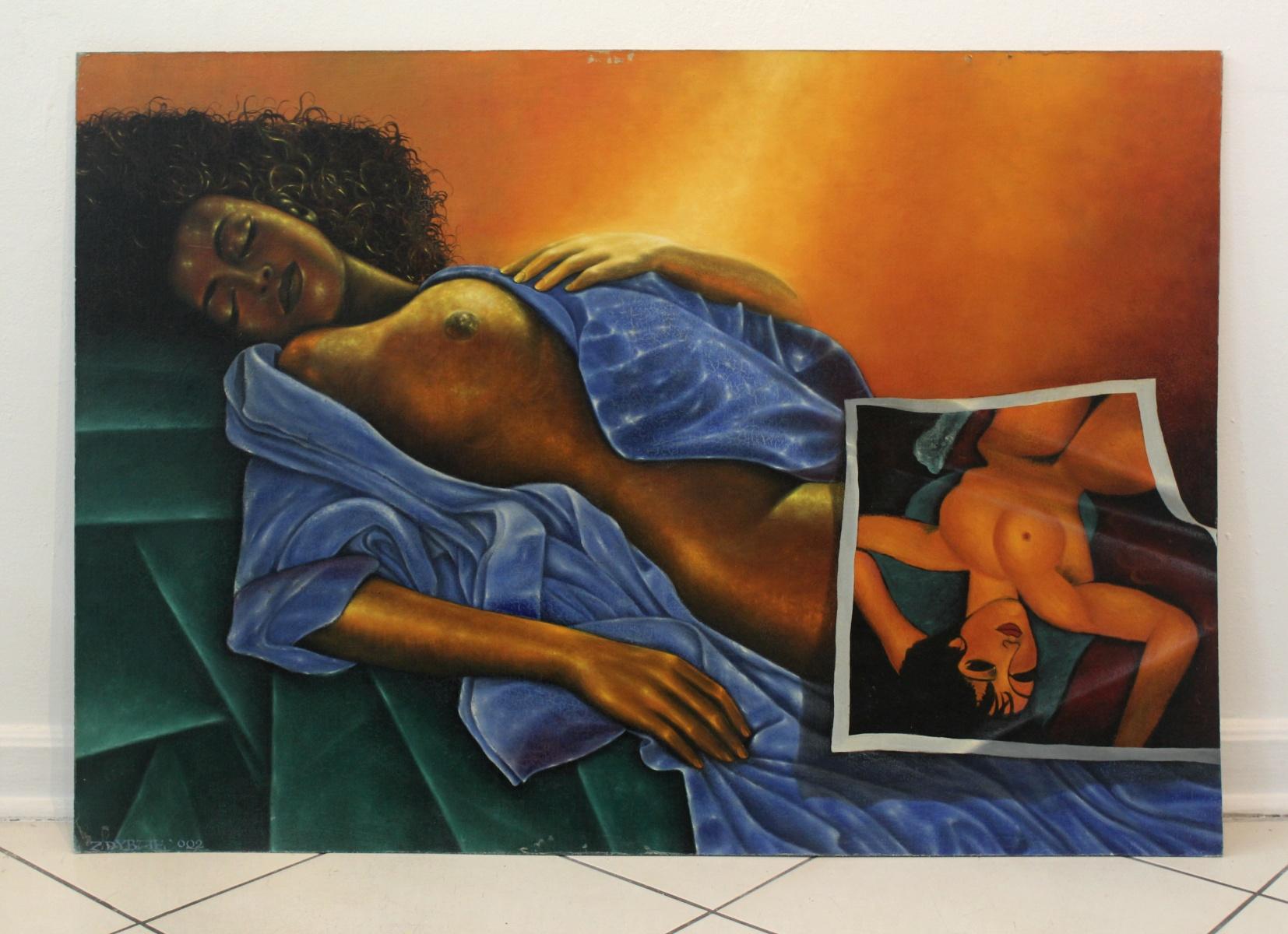 Hommage a Modigliani. Figurative Painting, Surrealism, Female nude, Polish art - Black Nude Painting by Mariusz Zdybal