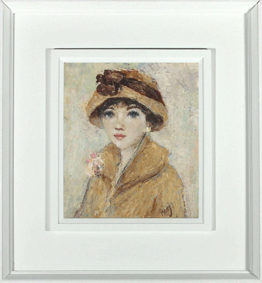 An expressive portrait of a beautiful young lady, fashionably dressed for a wedding celebration. The sitter's is pictured wearing a mustard yellow overcoat and matching cloche bucket hat. Pinned to the lady's oversized puff collar is a pretty pink