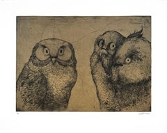 Discours D'oiseaux #1, humorous etching of owls in discussion by Marjan Seyedin