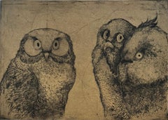 Discours D'oiseaux #1, humorous etching of owls in discussion by Marjan Seyedin