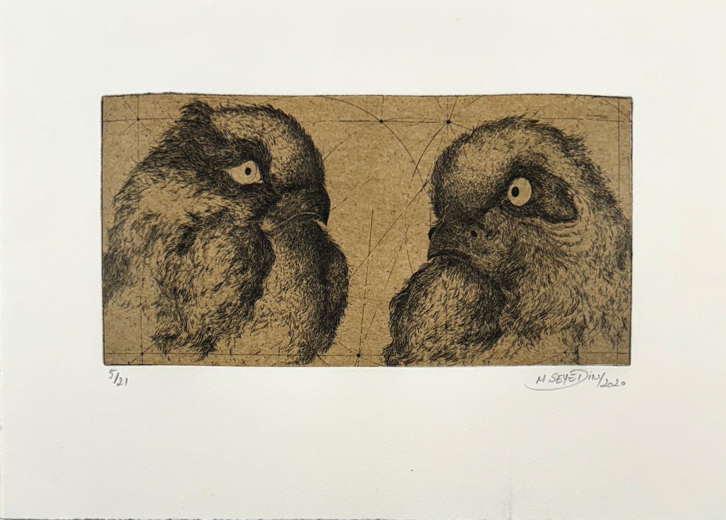Discours D'oiseaux #3, etching of birds by Marjan Seyedin For Sale 1