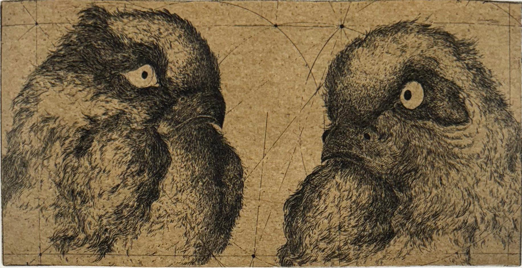One of 9 humorous portraits of birds engaged in conversation by Franco-Iranian artist Marjan Seyedin. In her works, birds and animals provide an allegorical representation for mankind.  Marjan has a contemporary and poetic reinterpretation of