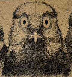 Discours D'oiseaux #5, humorous etching of birds in discussion by Marjan Seyedin